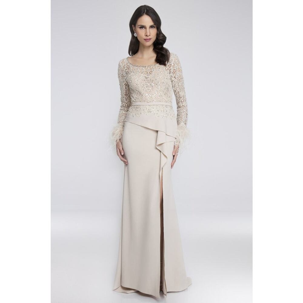 Terani Couture Evening Feather WRST BND Champagne Dress Size 4